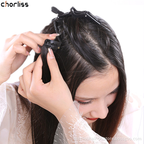 Wholesale Cheap Long Straight 22''130g Silk Ombre Black Blonde Hairpieces 5clips Synthetic Clip in Hair Extension For women
